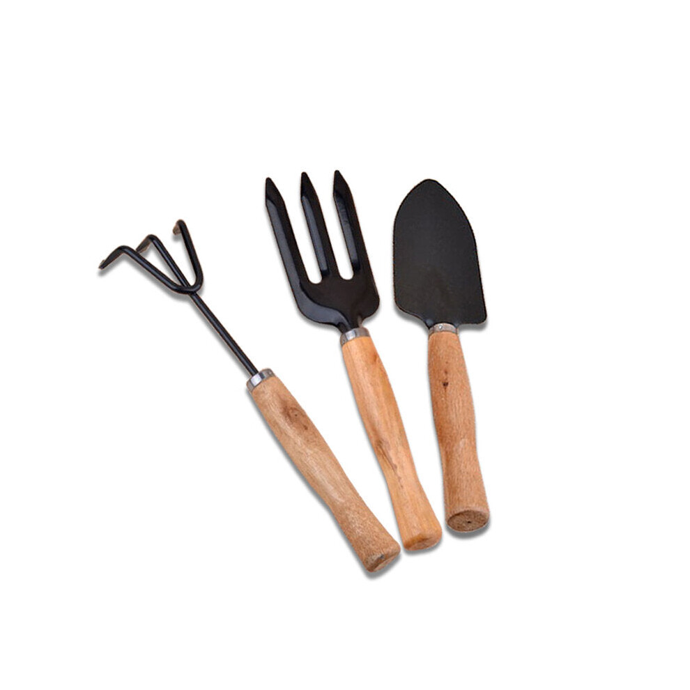 3Pcs Garden Hand Tools Set Iron Gardening Shovel Spade Rake Trowel Wood Handle
