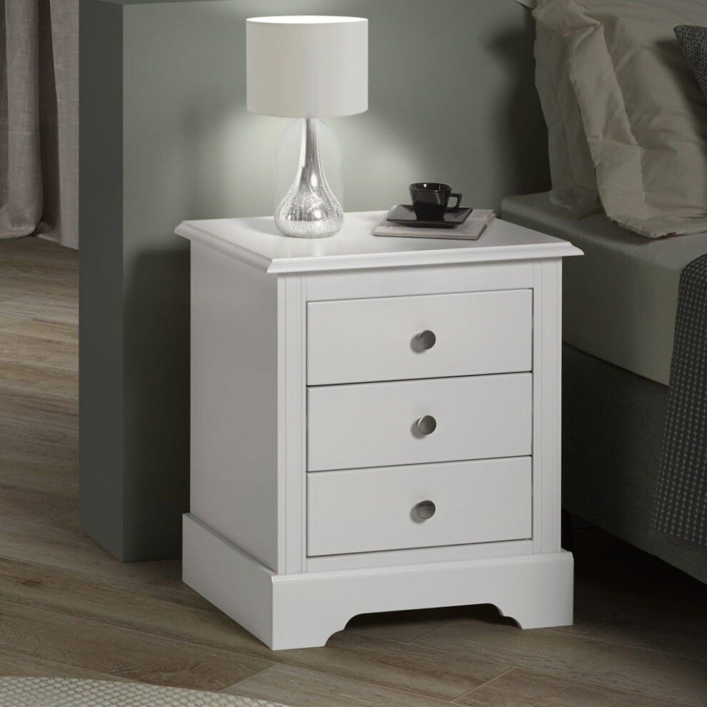 Stratford 3 Drawer Bedside White Pine Runners Shabby chic