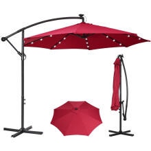 (Red) Panana 3M Garden Cantilever Parasol with 24 Solar Powered LED Lights Outdoor Banana Hanging Umbrella with Crank Mechanism Sun Shade Canop...