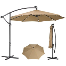 (Khaki) Panana 3M Garden Cantilever Parasol with 24 Solar Powered LED Lights Outdoor Banana Hanging Umbrella with Crank Mechanism Sun Shade Canop...