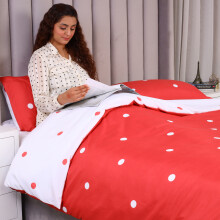 (White &amp; Red Dotted, DOUBLE) Reversible Duvet Cover Bedding Set &amp; Pillowcases Printed Floral Duvets Covers Single Double King