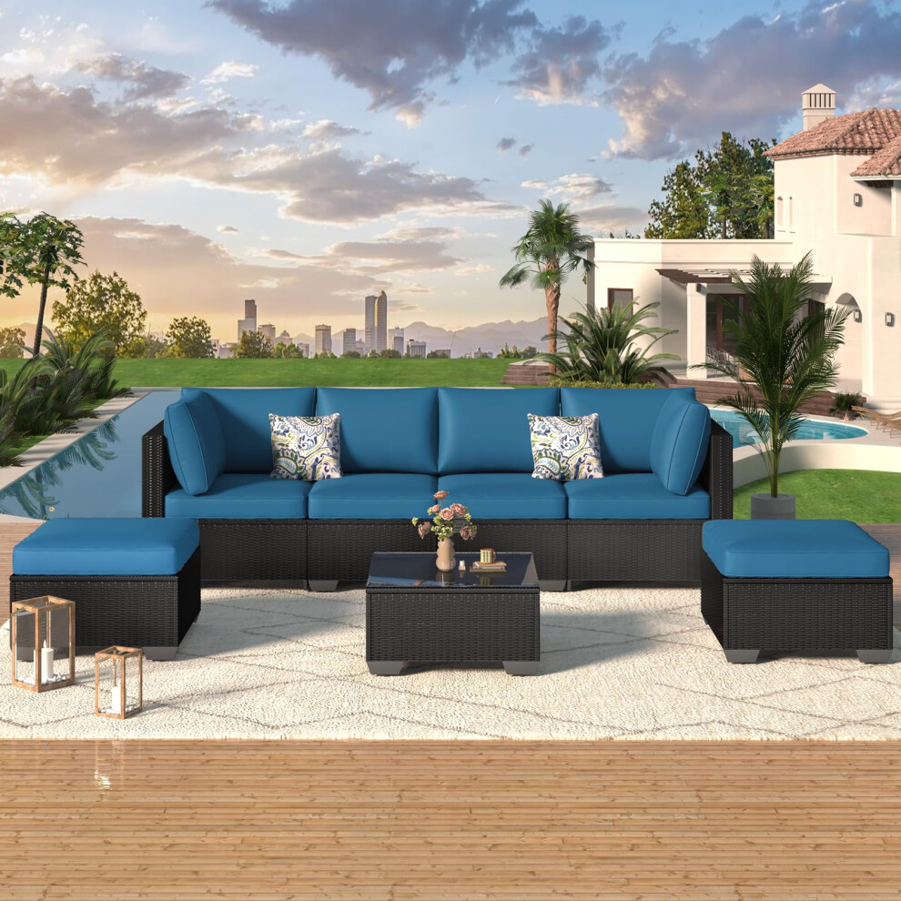 (Blue) YODOLLA 7 Pieces Garden Patio Wicker Furniture Set