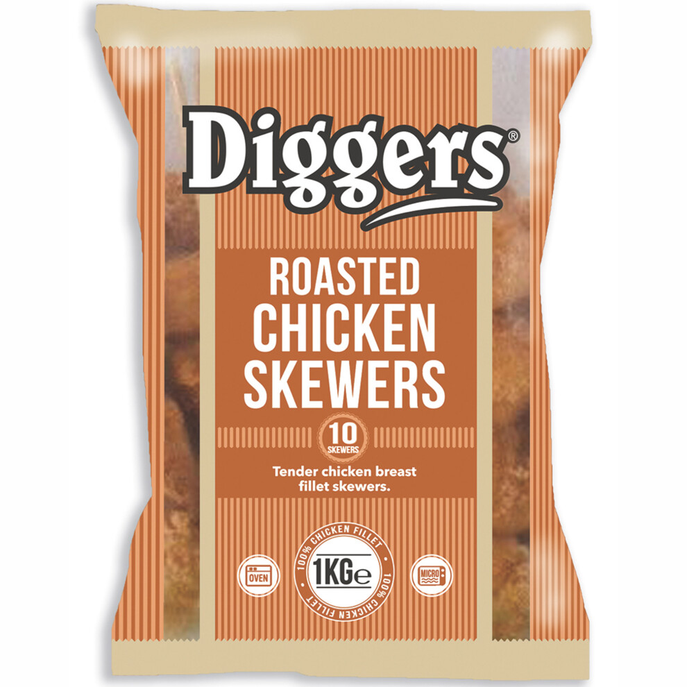 Diggers Frozen Roasted Chicken Skewers - 5x1kg Case, Tender Chicken Breast, Cook from Frozen