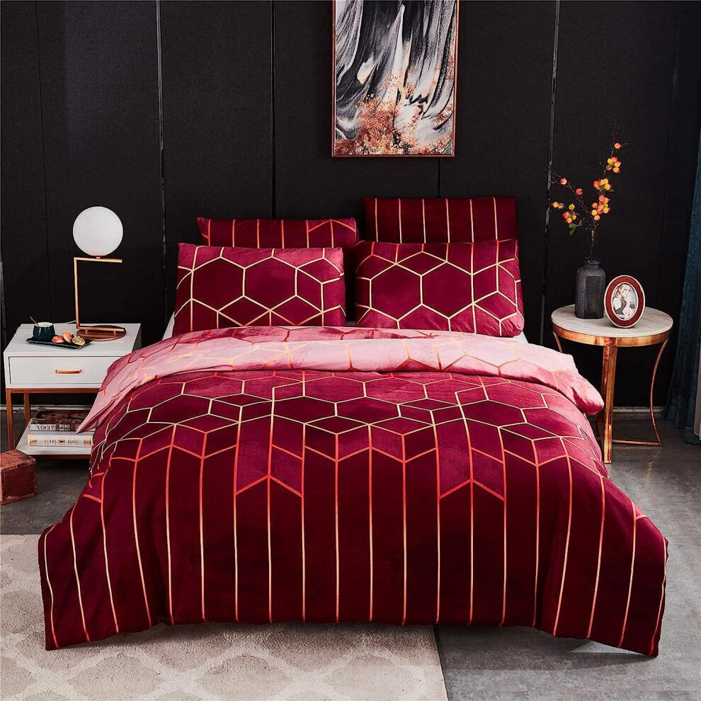 (Wine red, Quilt cover 140*200*1 pillow cover 65*65*2) New Time Gilded Lines Six Color Three and Four-Piece Set Geometric Diamond Bedding Kit-image-OPC-PGNYH8D-NEW