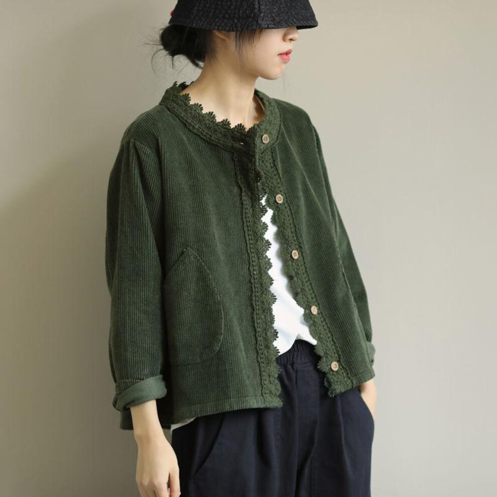 (green, XXXL) Vintage Clothes Corduroy Shirt Jacket Women Lace Stitch Loose Autumn Ladies Coat O Neck Casual Short Jacket