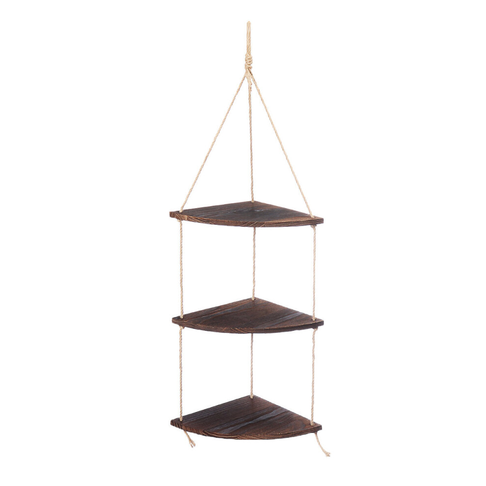 3 Layers Handmade Rustic Wooden Hanging Rope Shelf Solid Floating Shelves Plant Rack Home Decor