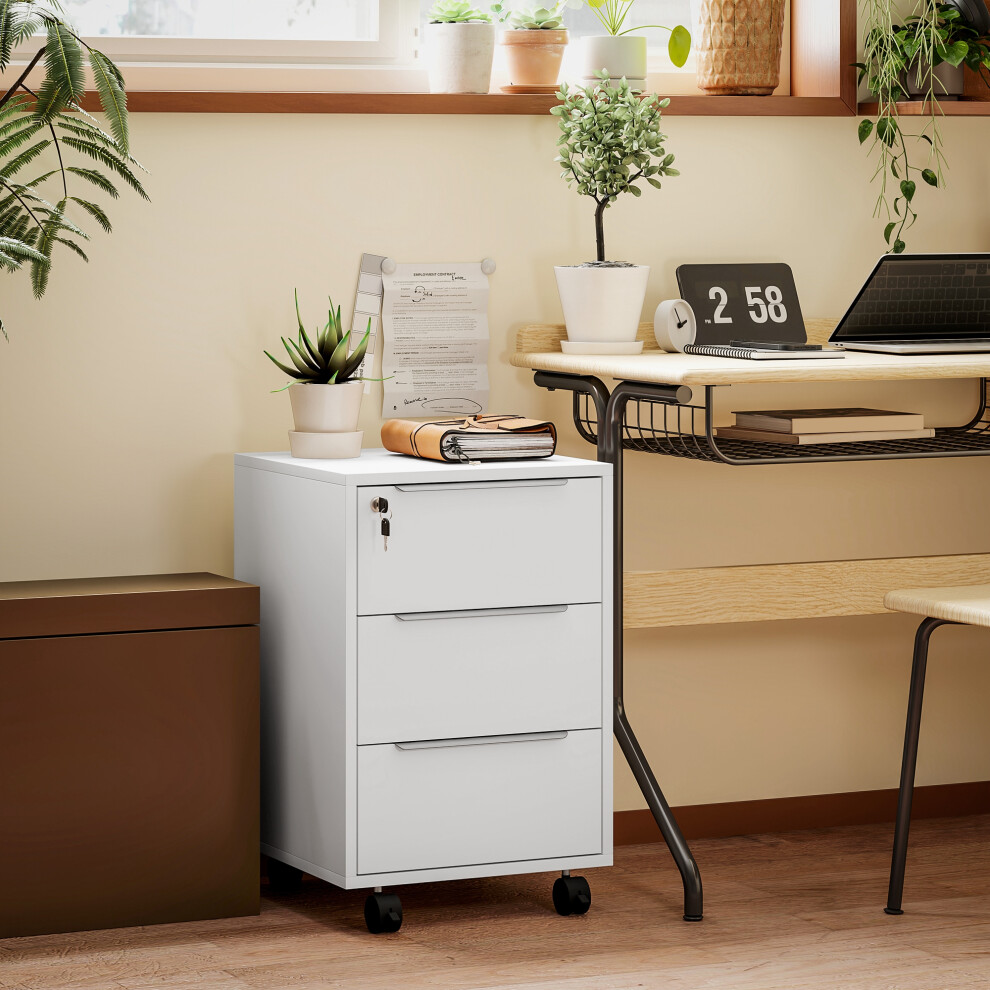 (White) HOMCOM Modern 3-Drawer Locking File Cabinet Mobile Filing Cabinet