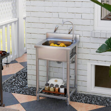 HOMCOM Stainless Steel Utility Sink with Cold and Hot Water Pipe Silver Tone