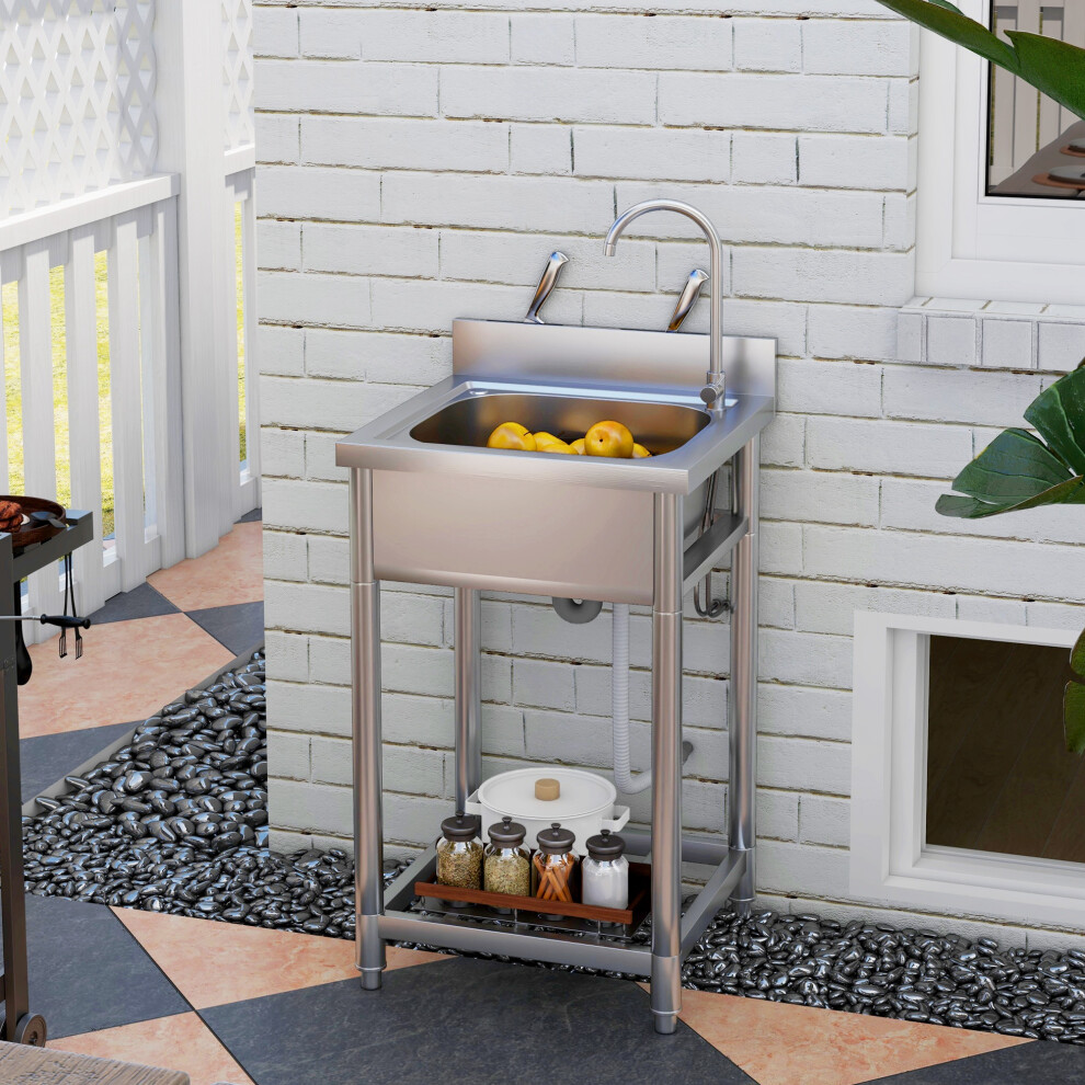 HOMCOM Stainless Steel Utility Sink with Cold and Hot Water Pipe Silver Tone