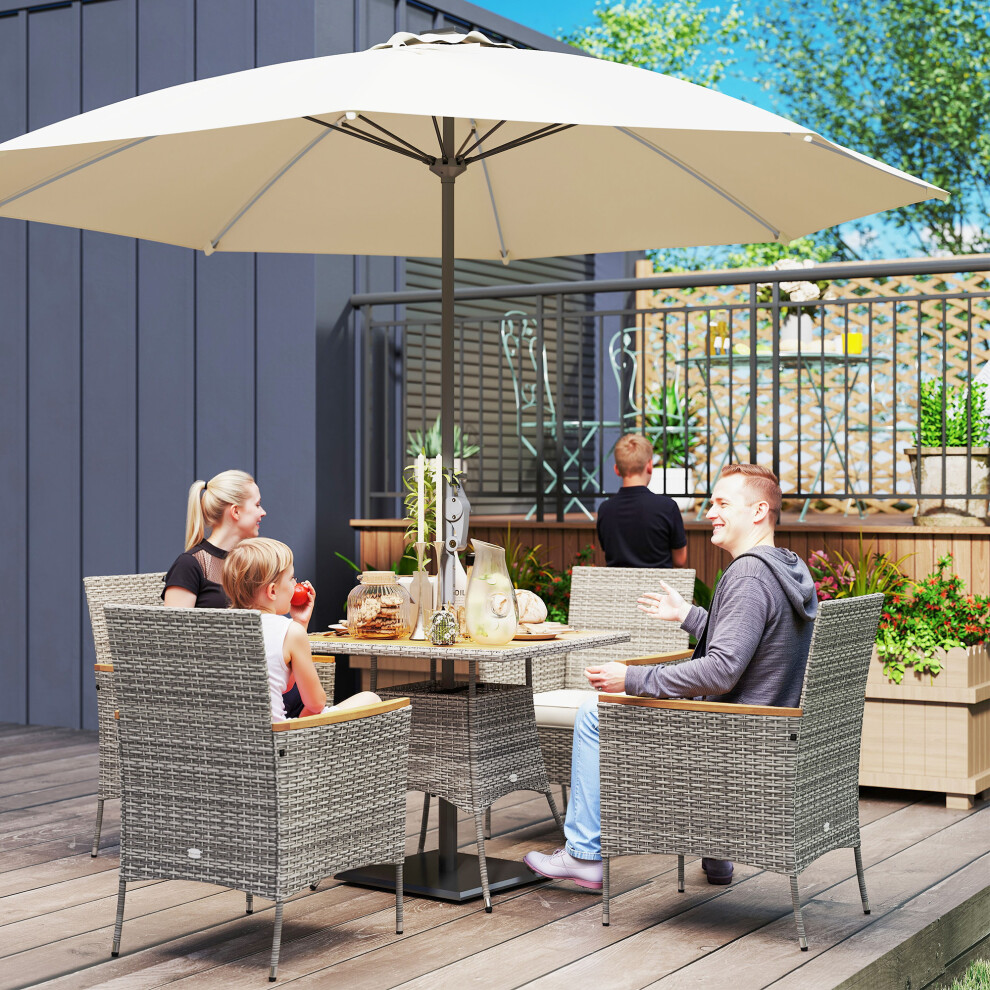 Outsunny Rattan Dining Set with Parasol Hole, Garden Table and Chairs, Teak