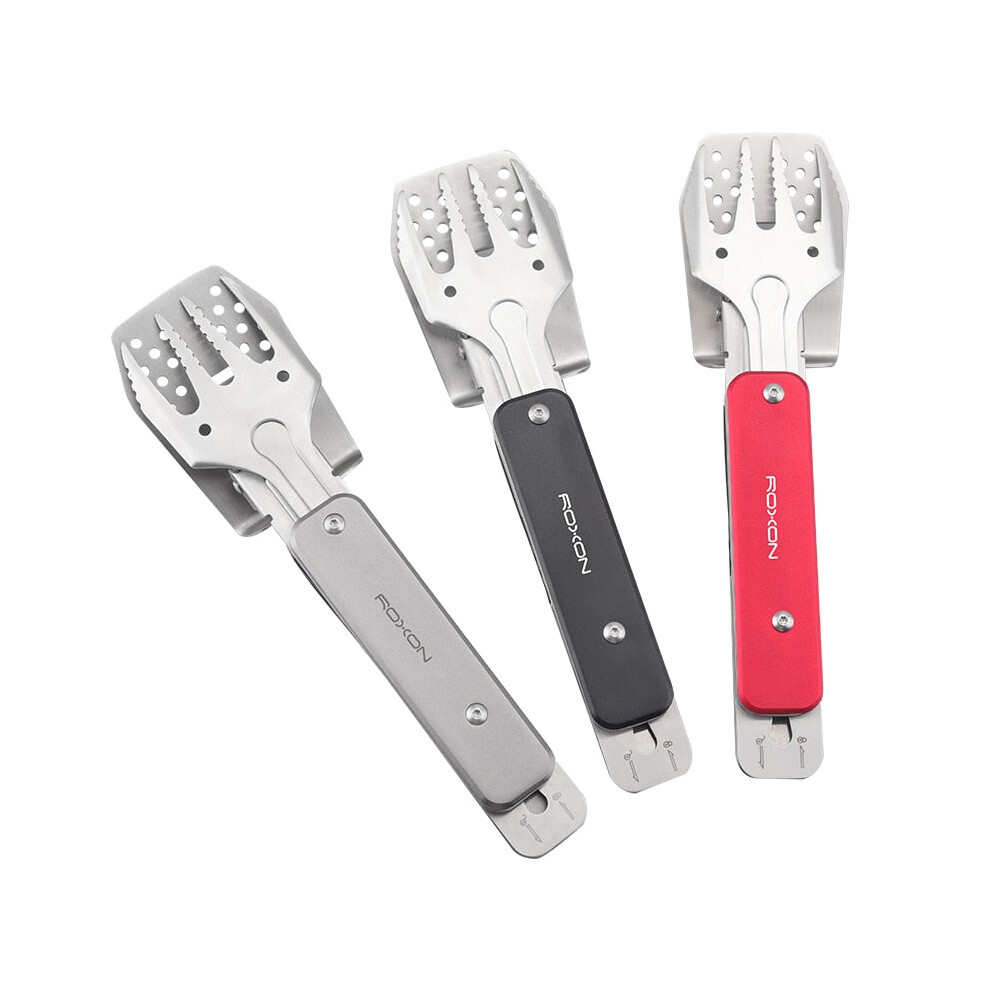 (Black) 4-in-1 Mini Barbecue Tool Set with spatula fork tongs bottle opener EDC tool for kitchen outdoor hiking Camping