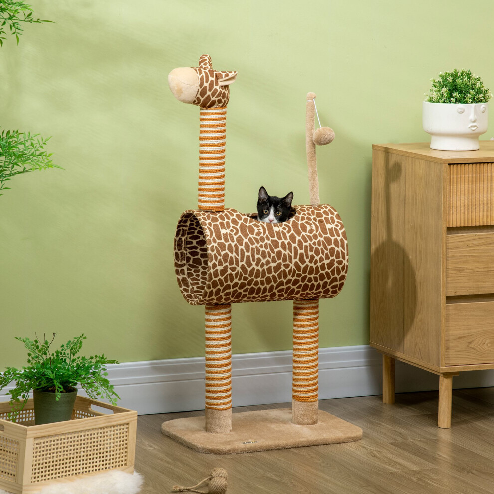 Pawhut 101Cm Cat Tree Play Tower - Giraffe Scratching Post & Tunnel, (D30-541V00bg) Beige