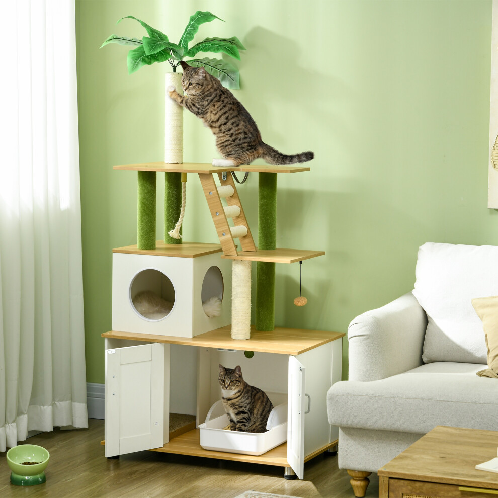 Pawhut 2-In-1 Hidden Litter Box With Leaf Cat Tree, Indoor - Oak Green