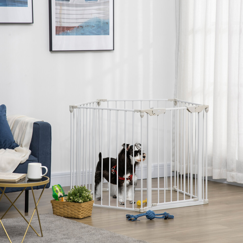PawHut Pet Safety Gate 5 Panels Playpen Metal Fence w/ Walk Through Door - White