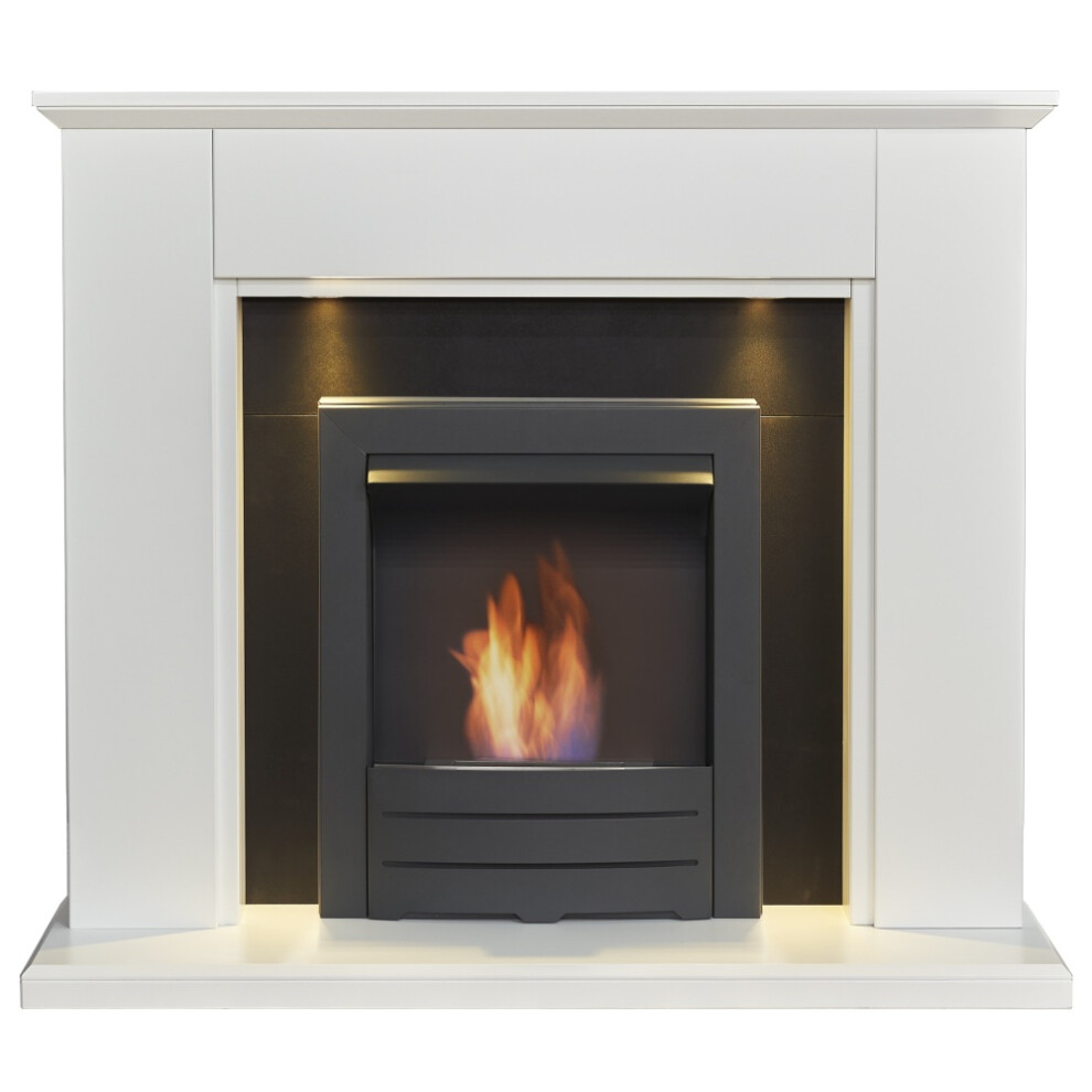 Adam Eltham Fireplace in Pure White & Black with Downlights & Colorado
