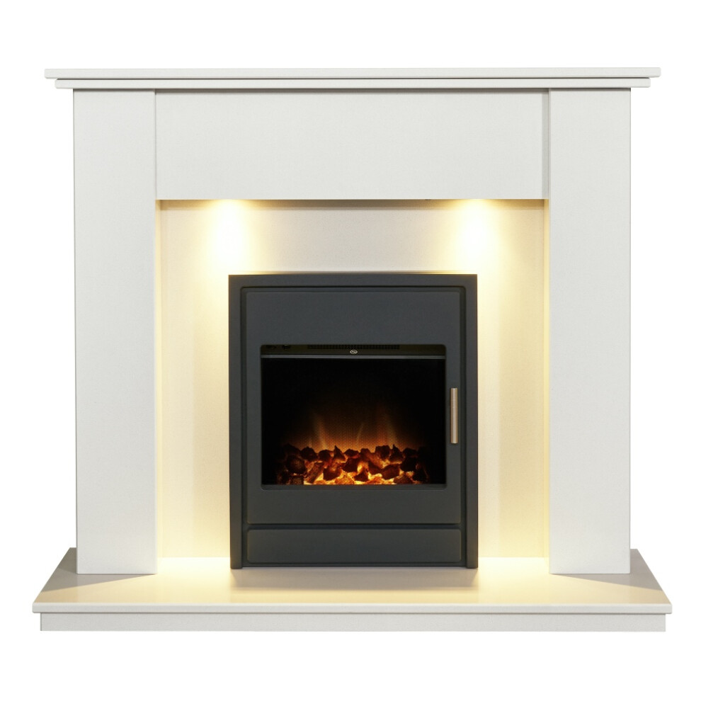 Adam Avila White Marble Fireplace with Alta Electric Inset Stove in Bl