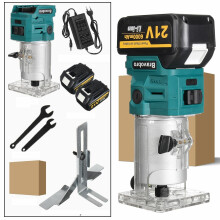 (Two Batteries, EU Plug) Cordless Electric Trimmer Woodworking 1280W Wood Router Machine 1/4In Wood Carving Milling Cutting Tools Home Diy Power Tool With Battery