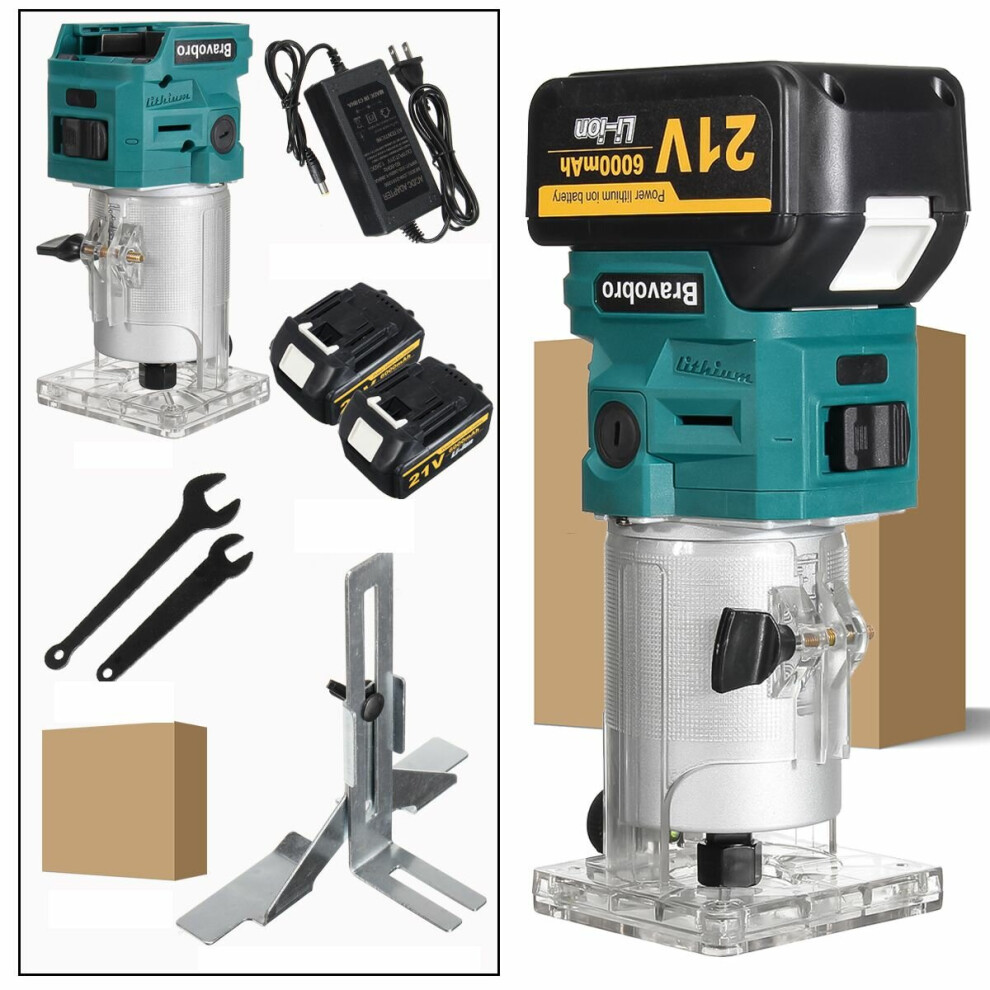 (Two Batteries, US Plug) Cordless Electric Trimmer Woodworking 1280W Wood Router Machine 1/4In Wood Carving Milling Cutting Tools Home Diy Power Tool With Battery
