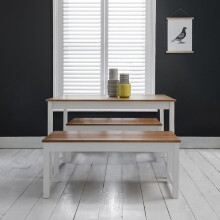 Annika Dining Table with 2 Benches Dining Set in Natural Pine & White