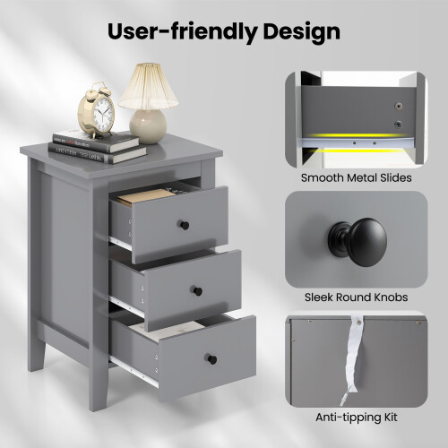 Casart Bedside Table 3-Drawer Wooden Nightstand End Side Table Grey 2