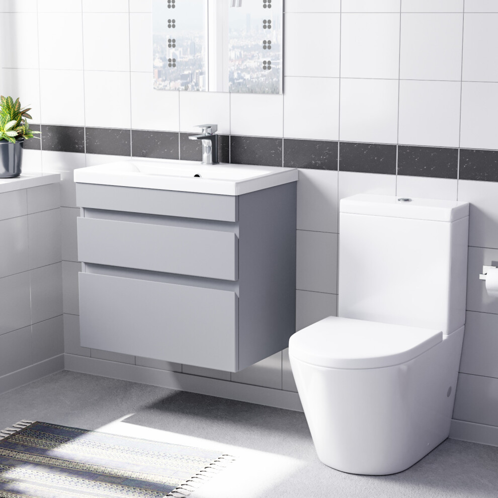Nes Home 600mm Matte Grey Wall Hung Drawers Vanity & Close Coupled Toilet Set