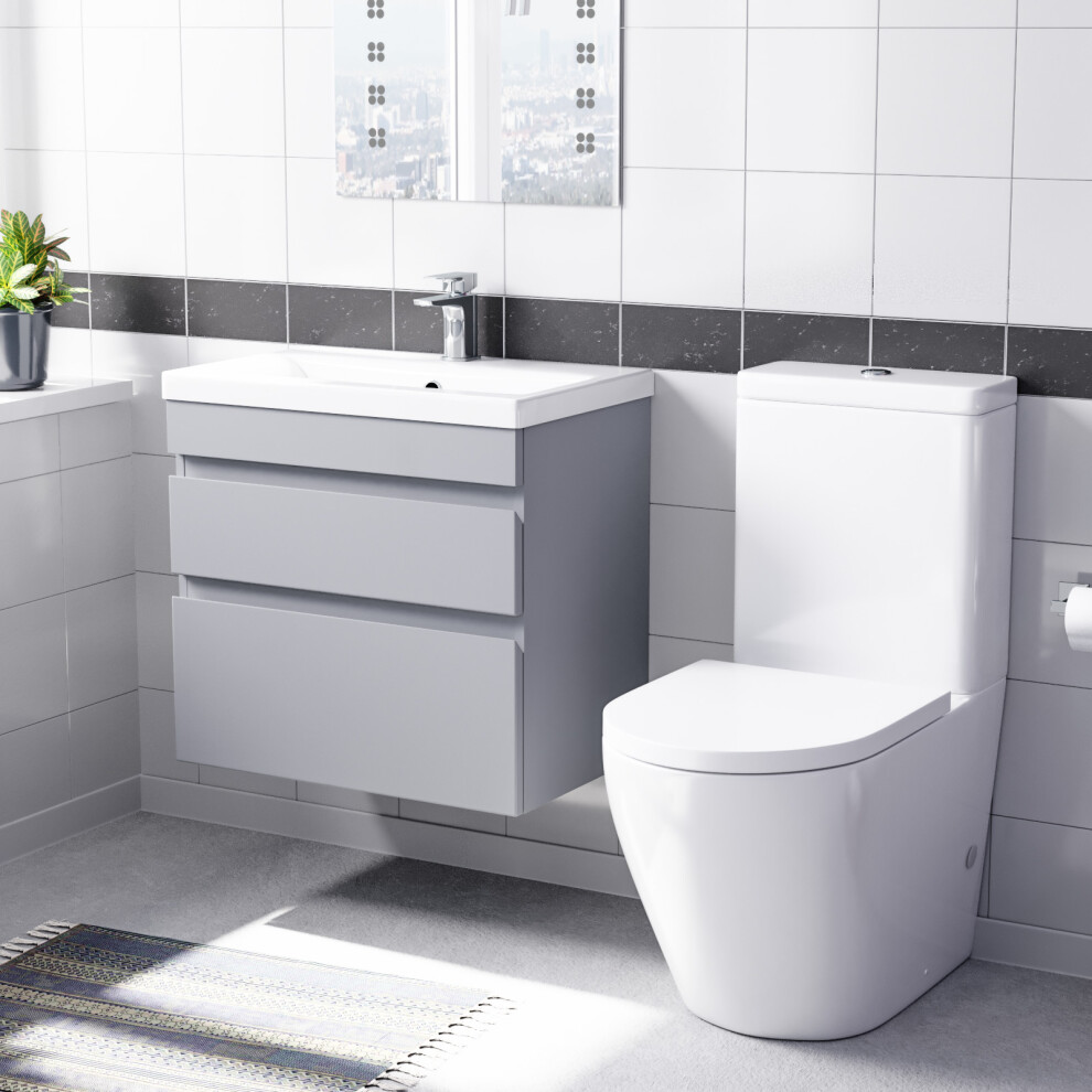 Nes Home 600mm Matte Grey Wall Hung 2 Drawers Vanity Unit & Rimless Toilet