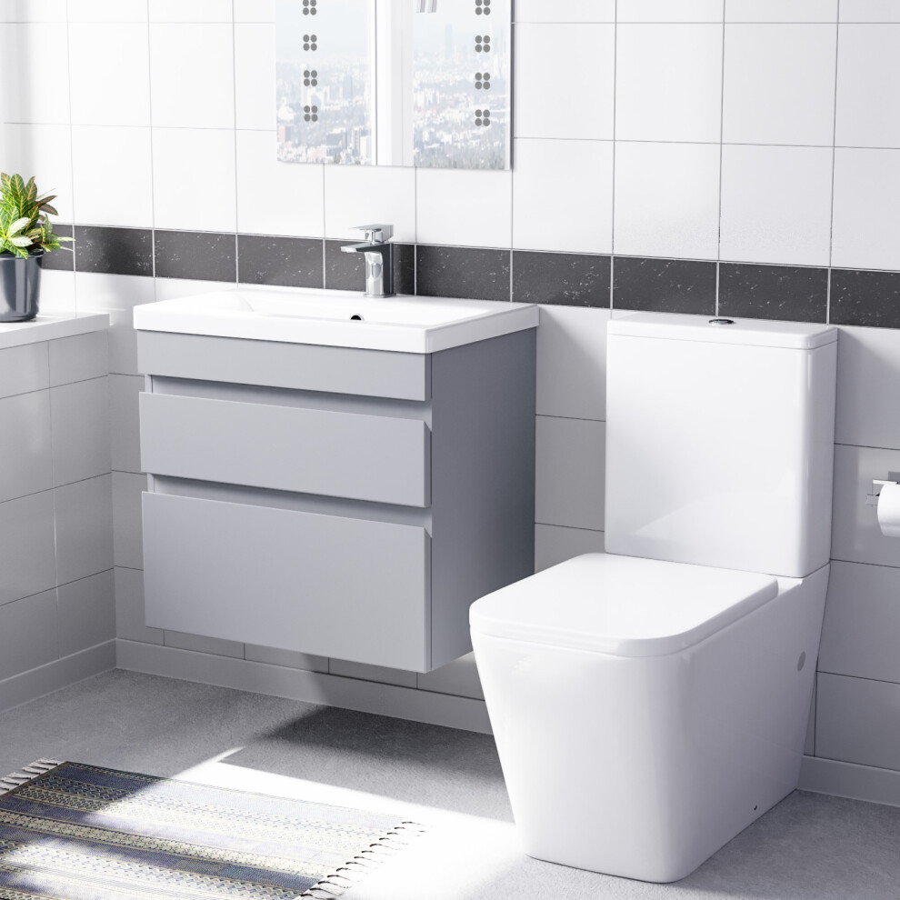 Nes Home 600mm Matte Grey Wall Hung Drawers Vanity & Close Coupled Toilet