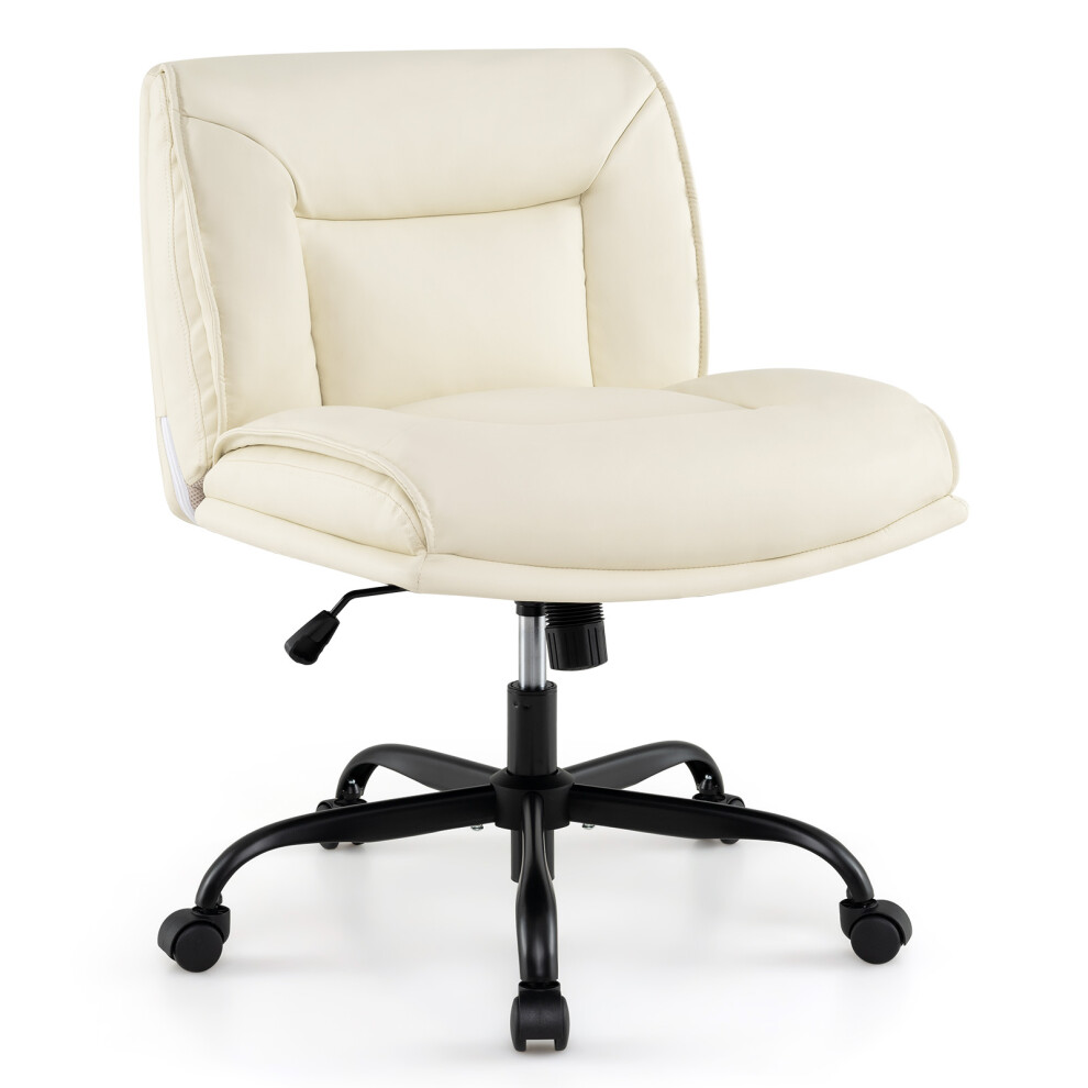 Cross Legged Chair PU Leather Upholstered Desk Chair With Wheels-Beige