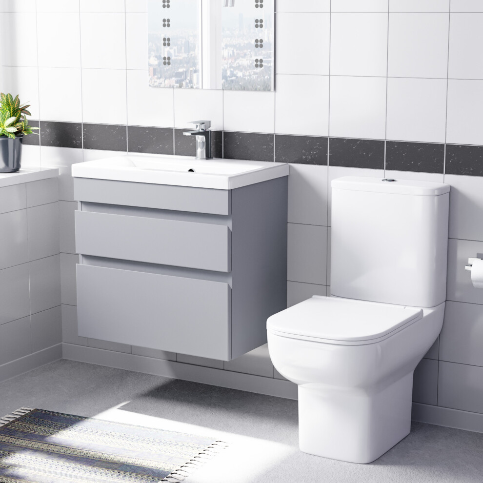 Nes Home Matte Grey 600mm Wall Hung Drawers Vanity Unit & Rimless Toilet Set