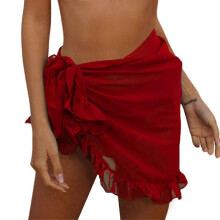 (Red)Women Bikini Cover-Up Wrap Mini Skirt Plain Ruffle Swimsuit Beachwear Sundress