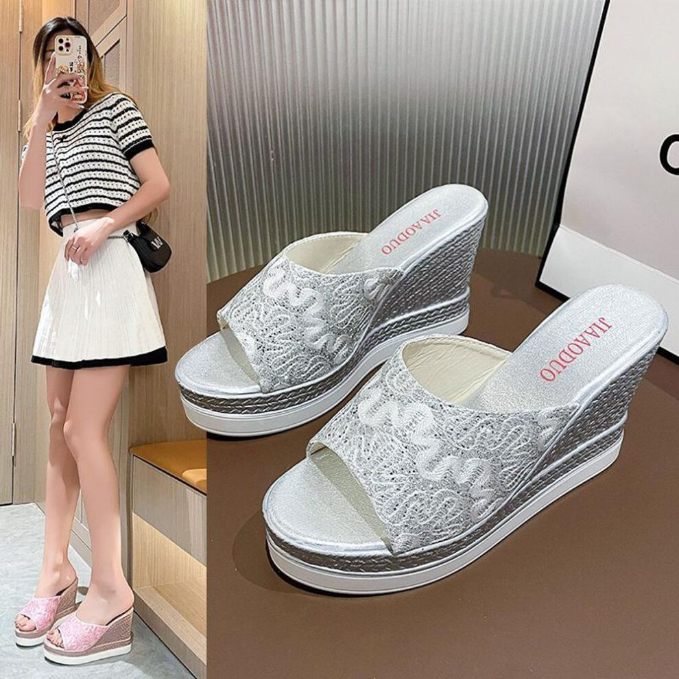 (silver, 38) Women Bling High Heels Slippers Wedges Platform Shoes Sandals Summer  Dress Beach Flip Flops Pumps Femme Zapatillas Slides
