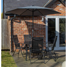 Outdoor 4 Person Glass Top Garden Dining Table Chairs With Grey Havana Parasol & Base