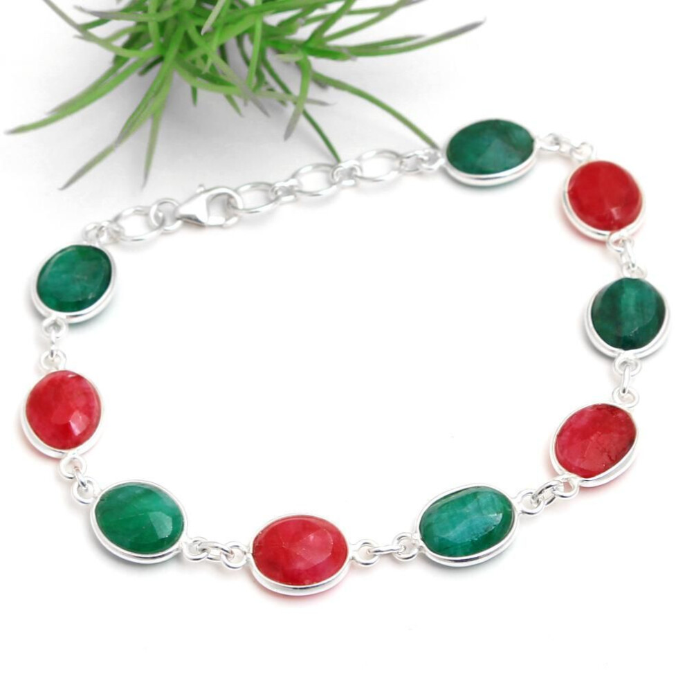 Kashmir Ruby and Sakota Mine Emerald Bracelet,  7 To 7.25 Inch Bracelet, Silver Jewelry, Handmade Bracelet,