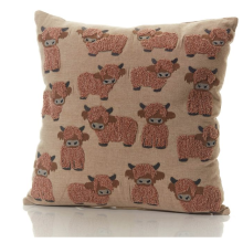 Scottish Dougal Highland Cow Repeat Cushion Taupe Embroidered Fabric