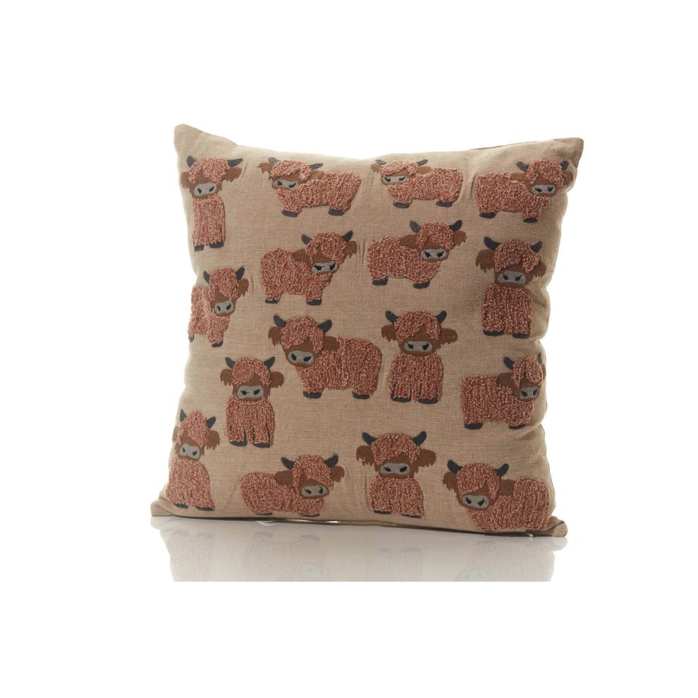 Langs Scottish Dougal Highland Cow Repeat Cushion Taupe Embroidered Fabric Brown