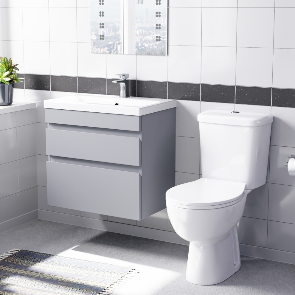 Nes Home Matte Grey 600mm Wall Hung 2 Drawers Vanity Unit & Close Coupled Toilet