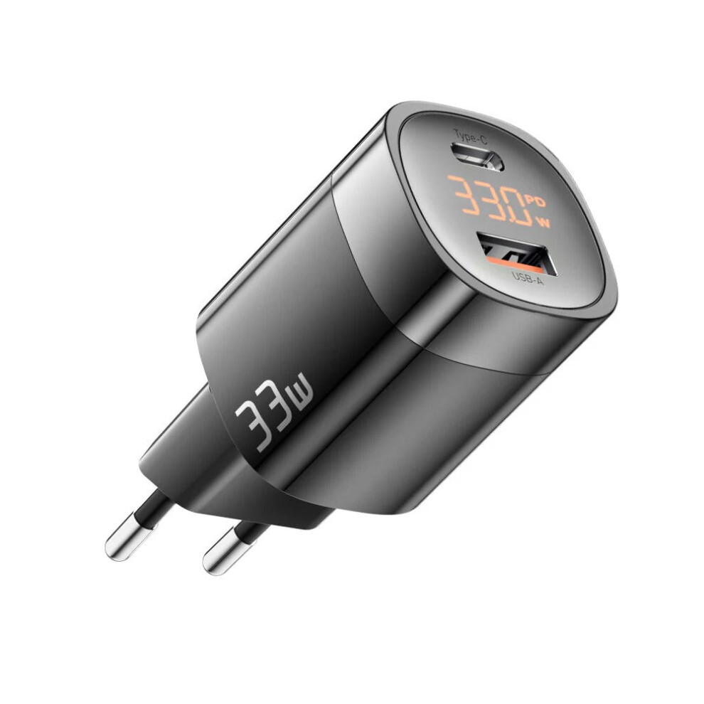 (White, EU Plug) 33W Dual-Port USB PD Charger - Fast Charging, Type-C & USB-A, EU/US Plug, White/Black, Compact Design