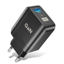 (White, EU Plug) 65W 2-Port USB-A PD Charger, Model BK396, Black/White, Compatible with US/EU/UK Plugs, Fast Charging, Compact Design