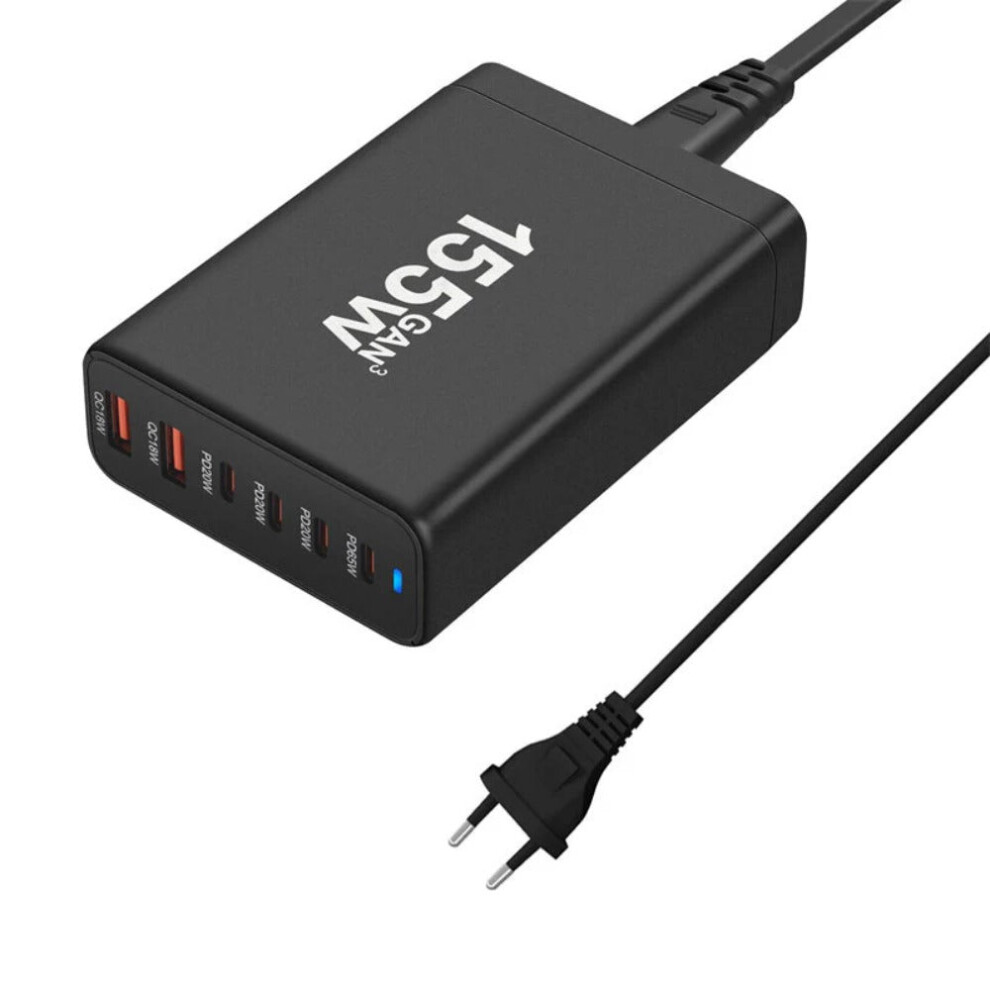 155W GaN Charger with 2 USB-A & 4 USB-C Ports, Fast Charging, EU Plug, Black/White
