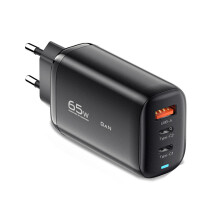65W 3-Port USB PD Charger - Fast Charging, White/Black, EU/US/UK Plug, 3 Type-C & USB-A Outputs, Compact Design