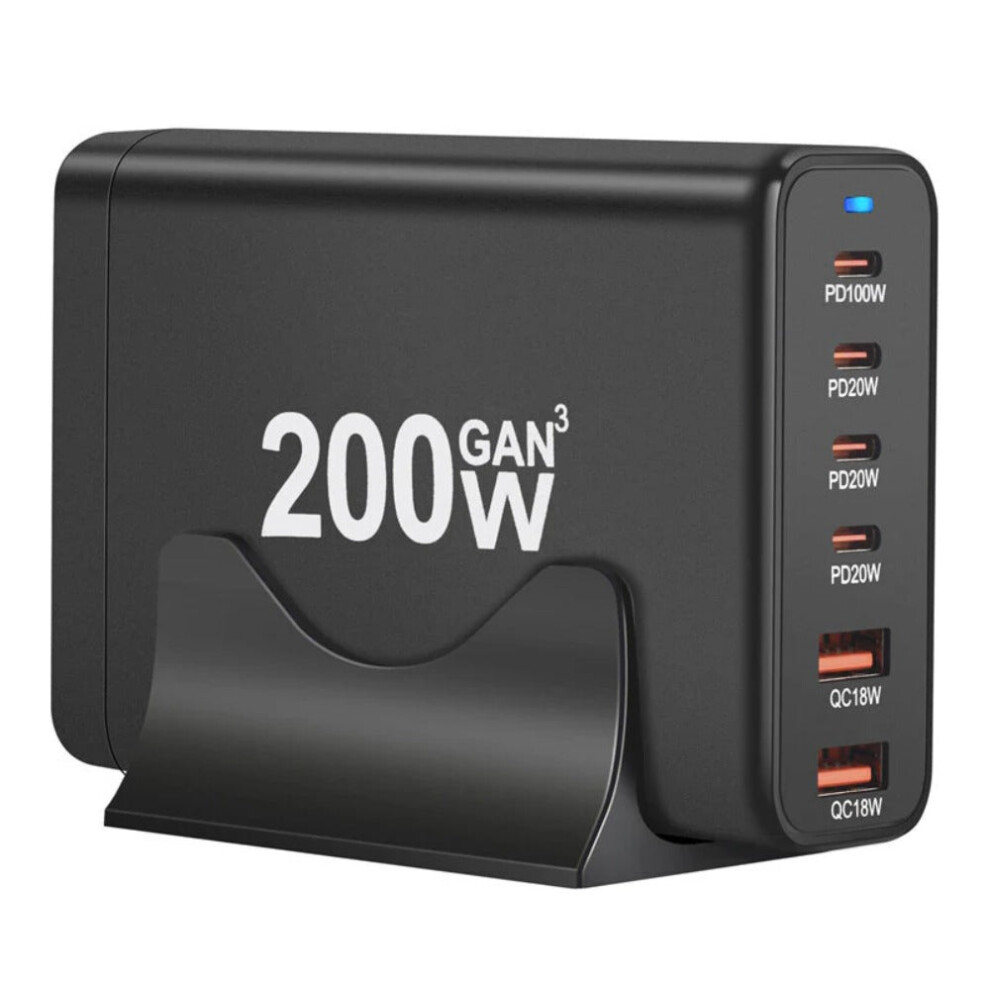 200W GaN Desktop Charger - Compact EU Plug with 2 USB-A & 4 USB-C Ports, Fast Charging, PD & QC Compatible, Black/White