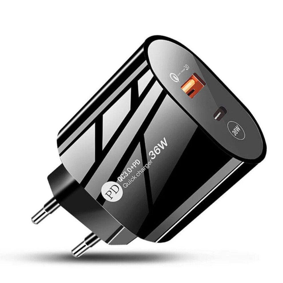 (Black) EU Plug Charger, 36W Fast Charging, Dual USB-A & USB-C Ports, Compact & Lightweight, Fire Retardant ABS, Black/White