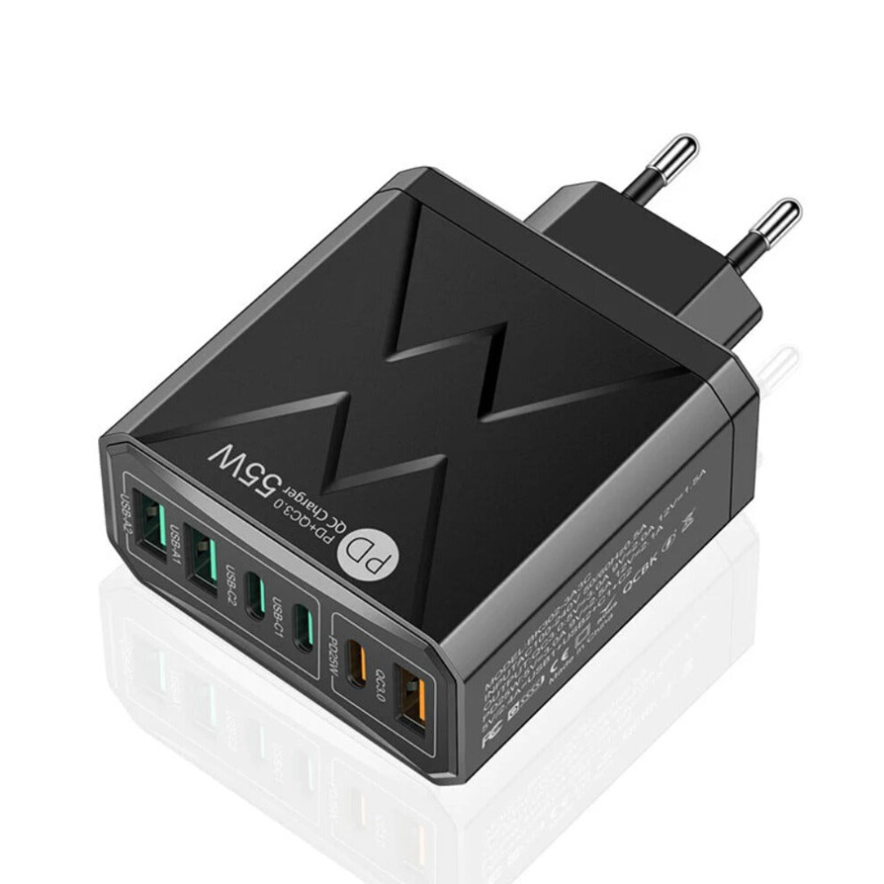 () Bk302 55W Eu Plug Charger, 3 Usb-A & 3 Usb-C Ports, Fast Charging Qc3.0 & Pd25w, Compact Fireproof Design, Black/White 1138392768846