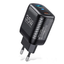 (Black) 35W Dual USB-A & USB-C Fast Charger, Compact EU Plug, PD3.0 & QC3.0 Compatible, Black/White, Portable Design