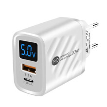 (White) 20W Dual USB Charger EU Plug, Fast Charging with PD QC3.0, Compact Design for Travel, Black/White, 102x62x53mm