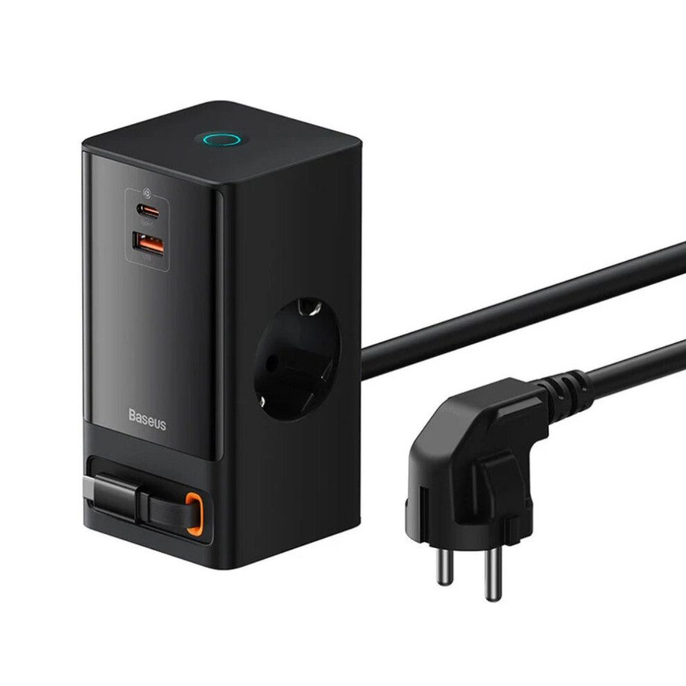 65W EU Plug Desktop Charger with Retractable USB-C, 2 AC Ports, 1 USB-A, Fast Charging, Compact & Portable, Black