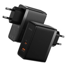 100W USB-C Charger EU Plug, 2 Ports (Type-C & USB-A), Fast Charging, Compact & Portable, PD/QC/PPS Compatible, 75x55x30mm