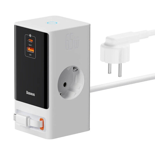 65W EU Plug Power Strip with 2AC Outlets, USB-A, USB-C, Retractable Cable, Compact Design, 4000W Max Power 1