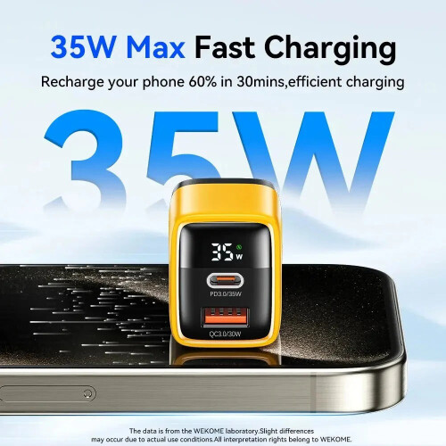 35W Fast Charger, USB-C & USB-A, EU Plug, Compact, Universal Compatibility, PD3.0 & QC 3.0, Yellow 2