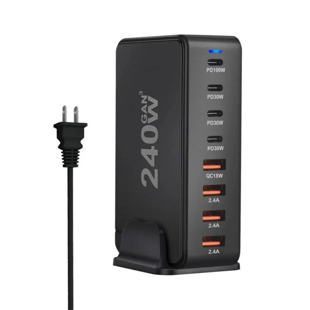 (Black, US Plug) 240W Desktop Charger Station with 4 USB-A & 4 USB-C Ports, Fast Charging, Compact Design, QC PD Compatible